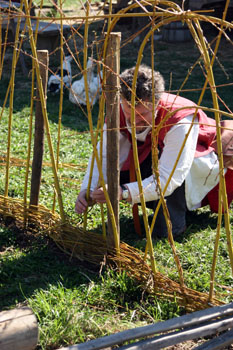 Helfer beim Zaun flechten